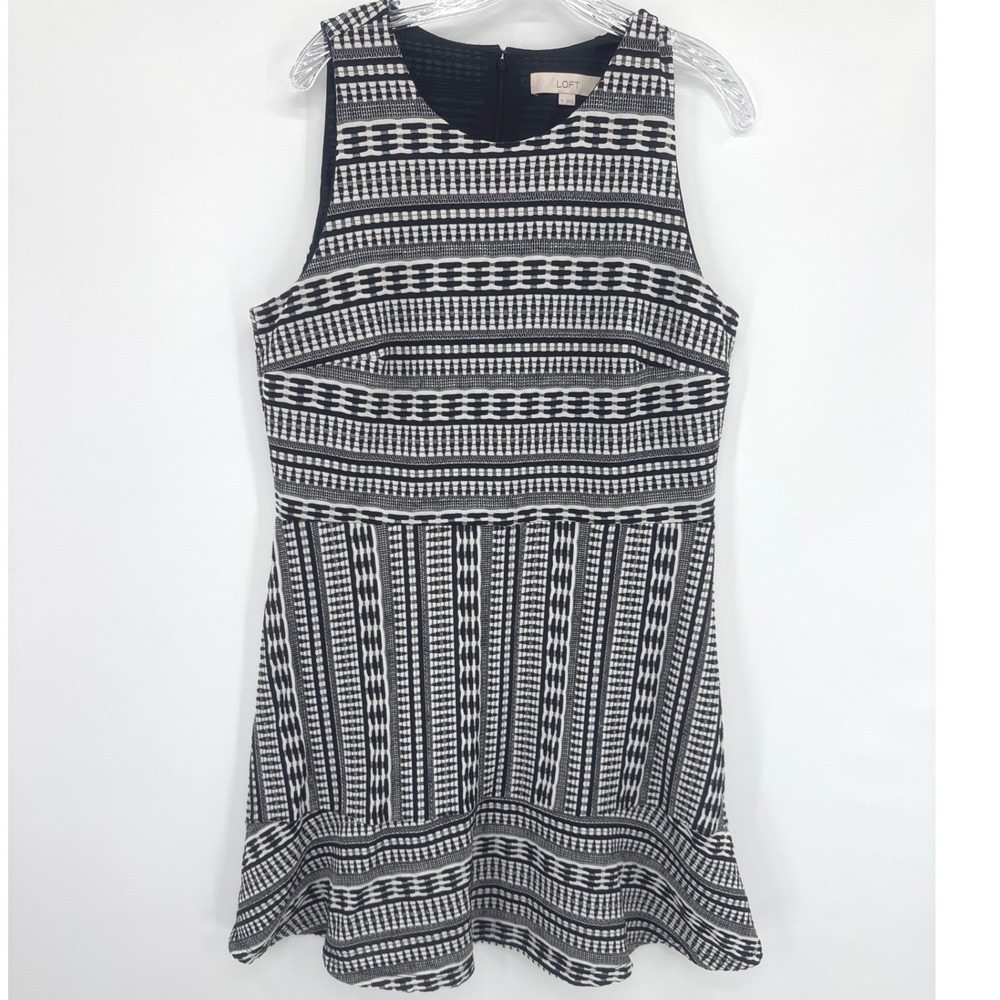 LOFT Black White Geometric Sleeveless Ruffle Dress Hem Summer 16 Fits like 12